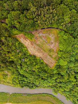 Aerial view of a cultivated vineyard nestled within a dense forest, adjacent to the winding Ahr river in Rhineland-Palatinate, Germany.