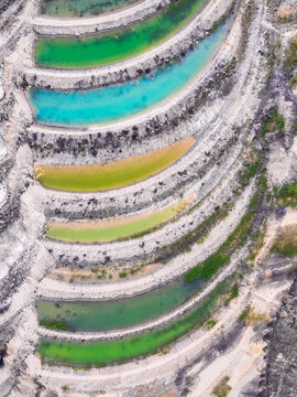 Aerial view of a terraced mining site with vibrant pools of water in shades of green and blue in North Rhine-Westphalia, Germany.