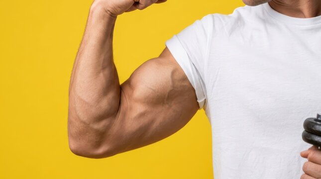 Muscular man flexing his bicep arm on a yellow background