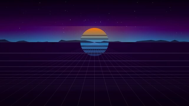 Retro 80s style sun setting over a neon grid landscape with silhouetted mountains under a starry purple sky.