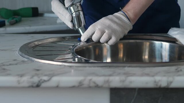 A plumber in a blue uniform and protective gloves inserts a modern faucet with a sealing ring into a kitchen sink. The professional handyman carefully positions the chrome tap 