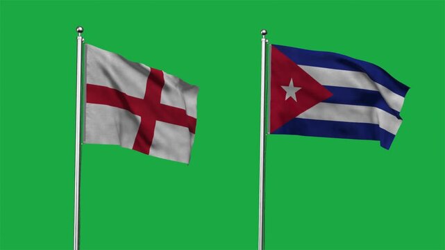 England and Cuba Waving Flags, 3D Illustration.