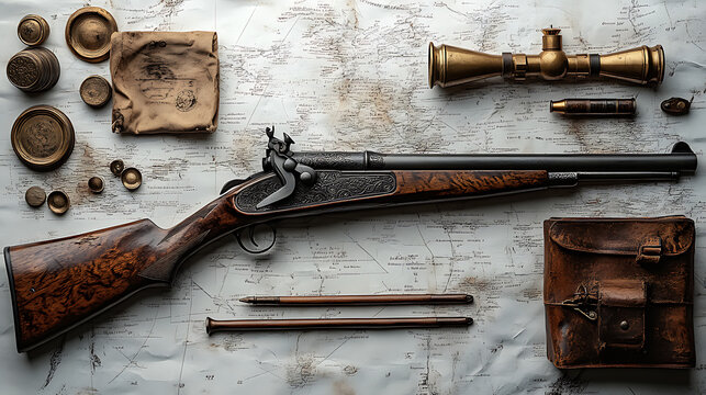 A traditional muzzleloading rifle with its powder horn and ramrod, arranged artfully against a clean white backdrop under professional studio lighting, highlighting the historical context 