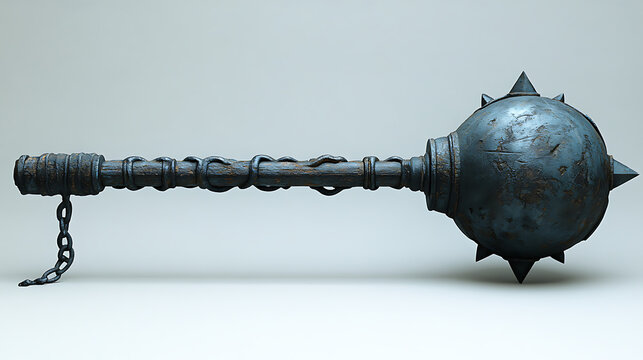 A traditional flail with its spiked ball and chain, presented against a clean white backdrop under soft professional studio lighting, emphasizing its brutal effectiveness 