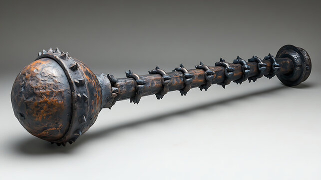 A traditional flail with its spiked ball and chain, presented against a clean white backdrop under soft professional studio lighting, emphasizing its brutal effectiveness 