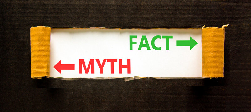 Fact or myth words symbol. Concept words Myth and Fact on beautiful white paper. Beautiful black background. Business and fact or myth concept. Copy space.