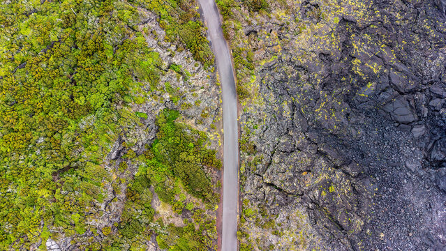 Aerial view of a road dividing lush green vegetation and dark volcanic rock in the Azores, Portugal.