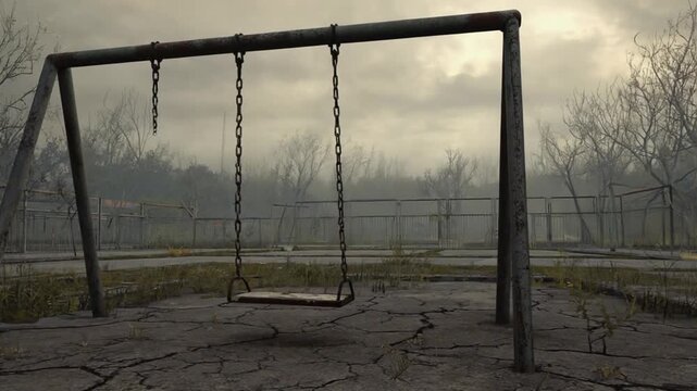 Horror scene. Swing in a park moving on its own.