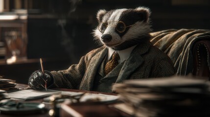 Naklejka premium Distinguished Badger Principal Working in His Wooden Office