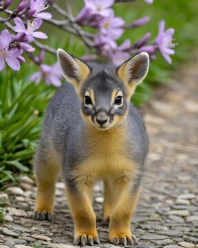 A  patagonian mara  rabbit genetic hybrid fantasy animal, fictional species,  in a spring blossom walkway