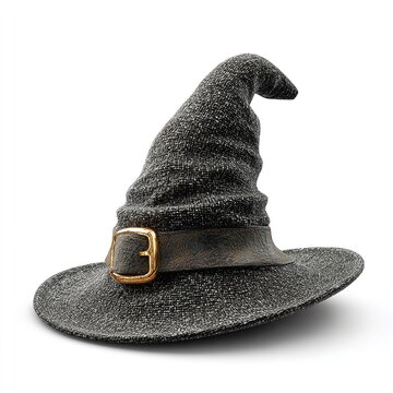 Pointy black witch hat featuring textured fabric and polished golden buckle isolated on a pure clean white background studio shot