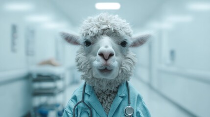 Naklejka premium Gentle Llama Nurse Standing in a Bright Hospital Corridor
