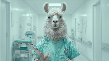 Naklejka premium Gentle Llama Nurse Standing in a Bright Hospital Hallway