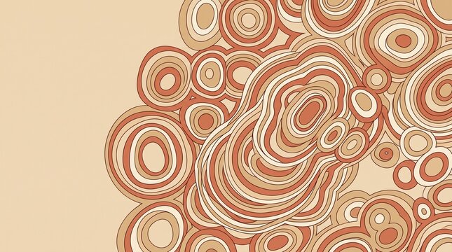 Hand drawn doodle pattern featuring various sizes of irregular concentric circles and organic wavy lines in shades of brown, orange, and beige