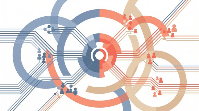 Network connection diagram with people connected by lines and circles representing social communication and digital data flow