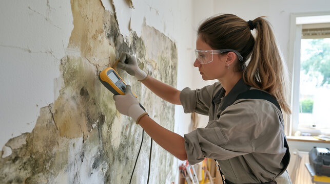 Professional technician using moisture meter to inspect mold and water damage on interior wall before renovation