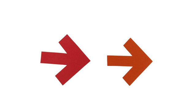Two simple red arrows pointing to the right side on a plain light surface isolated on transparent background