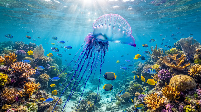Carabela portuguesa flotando junto a un arrecife de coral en un vibrante ecosistema tropical submarino.