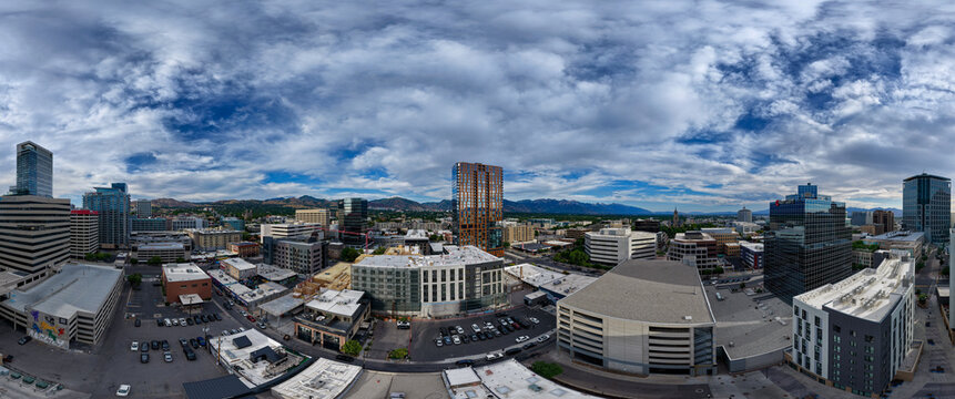 Salt Lake City, Utah, United States - 03 July 2026: Aerial view of downtown Salt Lake City showing adaptive reuse of historic buildings into modern residential apartments and condominiums.