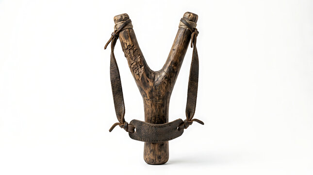 Rustic wooden slingshot with leather pouch isolated on a clean white background studio shot
