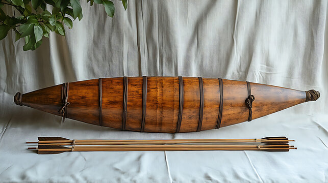 A traditional Japanese yumi (longbow) with its lacquered finish and accompanying ya (arrows), arranged artfully against a clean white backdrop under professional studio lighting 