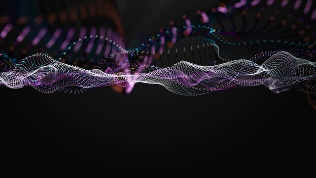 Futuristic video animation with particle wave object in slow motion and space for text, 4096x2304 loop 4K