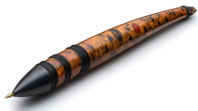 A traditional Japanese yumi (longbow) with its lacquered finish and accompanying ya (arrows), arranged artfully against a clean white backdrop under professional studio lighting 