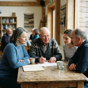 Elderly man completing forms with family and a support worker at a community centre