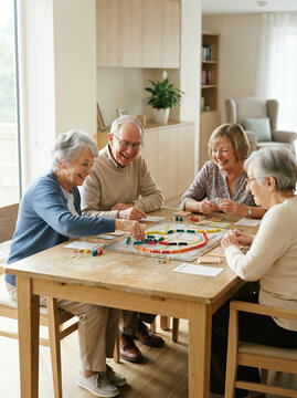 Four older friends laughing over a colourful board game in a bright apartment