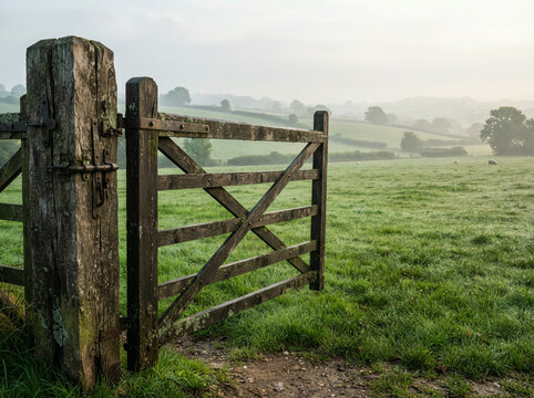 Lichen covered farm gate looking out over a misty green valley