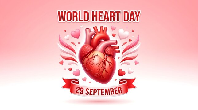World Heart Day concept with realistic human heart illustration, 29 September medical awareness banner, pink background with decorative wings and hearts