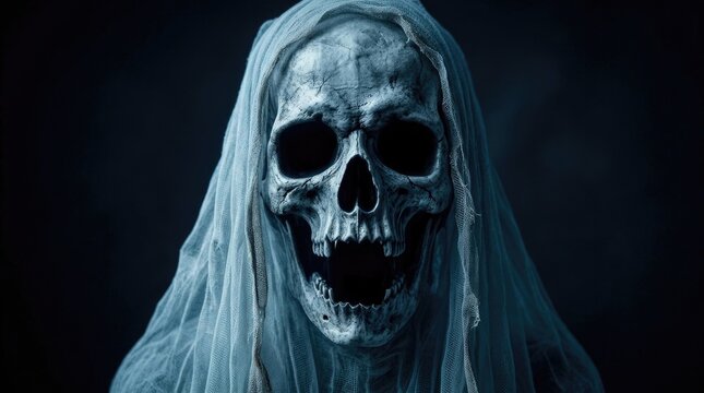 Creepy human skull with long hair for a dark halloweem icon set featuring spooky gothic horror design elements for october