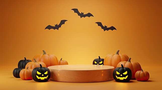 A festive halloween icon set featuring a product display podium surrounded by glowing jack o lanterns and flying bats