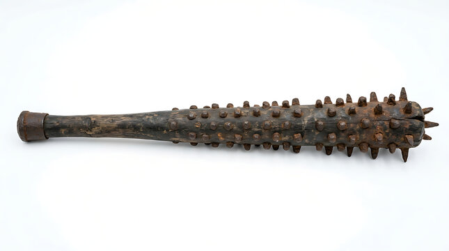 Antique Japanese Iron Spiked Tetsubo War Club Weapon Isolated on a Plain White Background