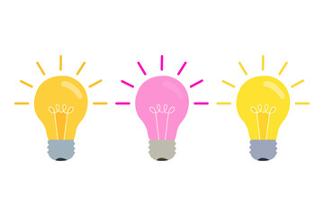 Three light bulbs in a row, two yellow and one pink, symbolizing ideas, innovation, and creativity © Taky