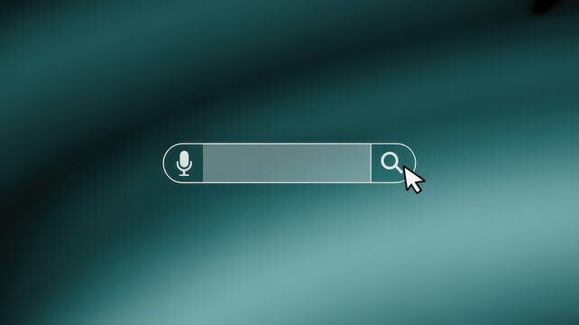 Minimalist search bar interface with magnifying glass and microphone icons, digital browser search engine field, web navigation concept on dark teal background