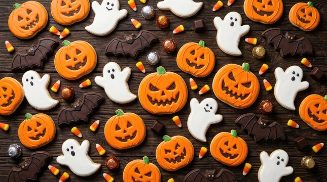 Top view of a festive halloweem icon set featuring delicious pumpkin and ghost shaped sugar cookies on a dark wooden background