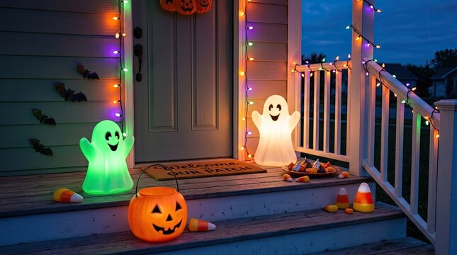 A festive house porch decorated with glowing ghosts and a jack o lantern creating a spooky halloweem icon set atmosphere