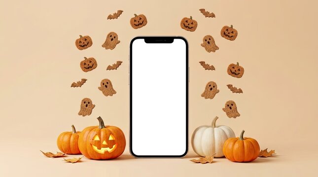 Smartphone with blank screen mockup surrounded by a festive halloweem icon set featuring pumpkins and autumn holiday decorations
