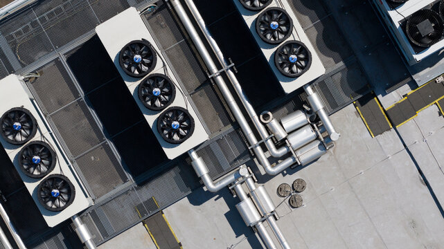 Aerial view of Rooftop HVAC Systems on Commercial Data Center