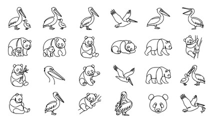 Fototapeta premium Pelican Panda Family Minimalist Continuous Line Art Vector Collection