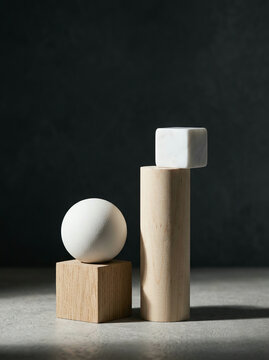 Balanced wooden and marble shapes against a dark wall