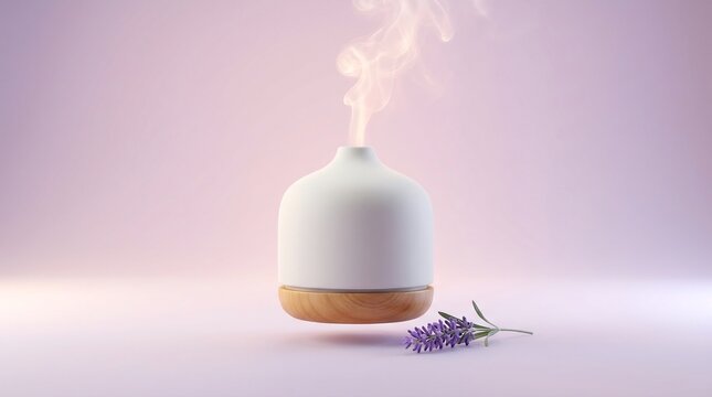 Modern aromatherapy oil diffuser emitting mist with lavender flowers aromatherapy diffuser lavender wellness essential relaxation fragrance holistic wellbeing interior decoration botanical