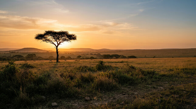 Solitary acacia tree silhouetted against a savanna sunset with grazing zebras