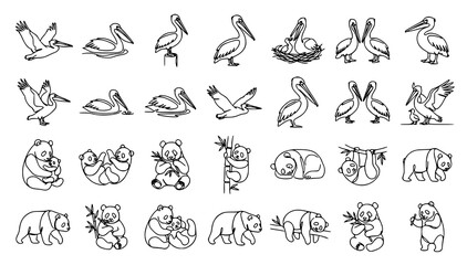 Fototapeta premium Pelican and Panda Family Continuous One Line Animal Art Vector Set