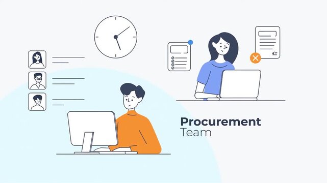 Procurement team working on computers with task icons representing deadlines and workflow issues