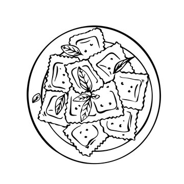 Italian ravioli pasta with basil leaf line art restaurant menu icon. Vector illustration