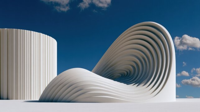 An image of minimalist organic architecture: set against a flat white background, a large white sculpture with broad, concentric curves spirals inward, creating a deep, hollow vortex.
