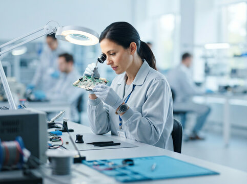 Lab technician examining a circuit board with tweezers