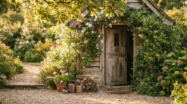 Weathered garden shed covered in climbing roses with firewood by the door
